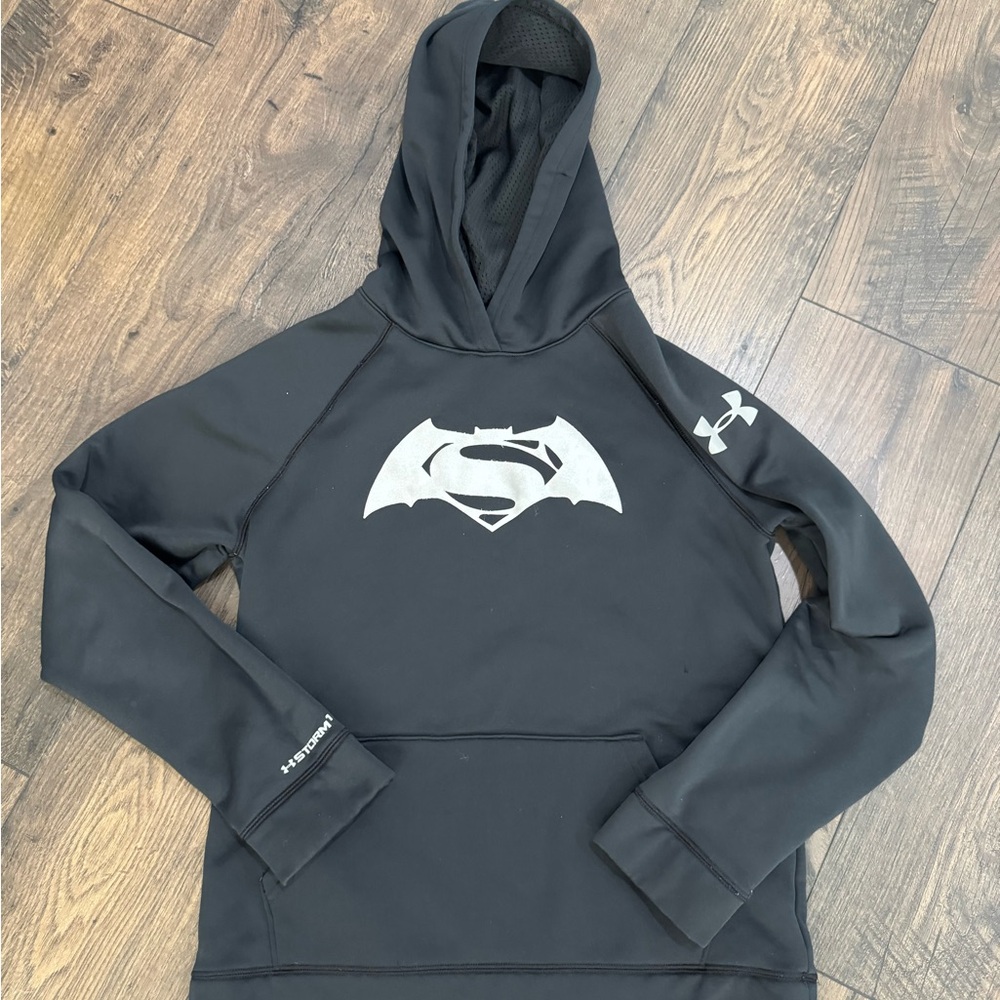 Under Armour Black Hoodie with Superhero Logo size kids Large